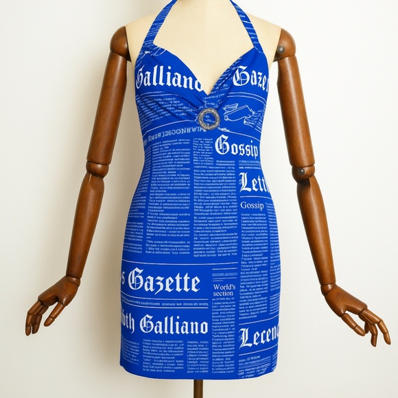 Y2k John Galliano Newspaper Print 2000s Halter Neck Mini Dress - Picture 1 of 6